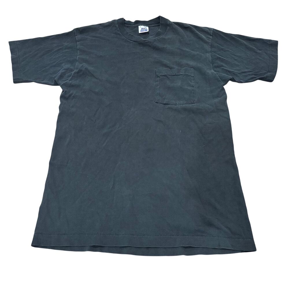 Vintage 90s BVD Grunge Solid Black Blank Distressed Work Pocket T Shirt Medium L